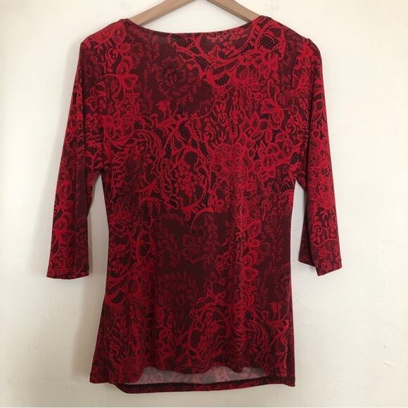 Dress Barn Red Black Floral Lace Beaded 3/4 Sleeve Scoop Neck Shirt Blouse Top - Picture 9 of 9